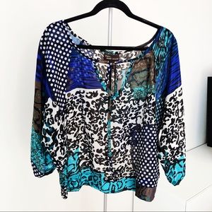 Blue Black White Polka Dot Pattern Print Blouse